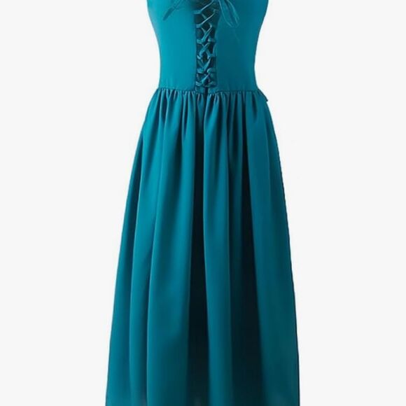 Womens Large Turquoise Blue Dress Lace Up Front Flowy Boho Cottagecore NEW - Picture 3 of 9
